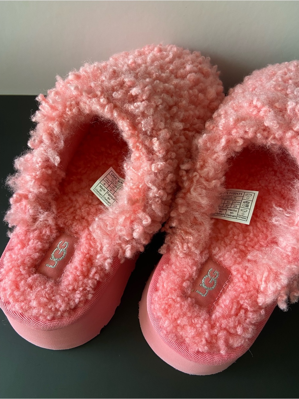 UGG Coral Pink Curly Fleece Platform Slip-On Slippers